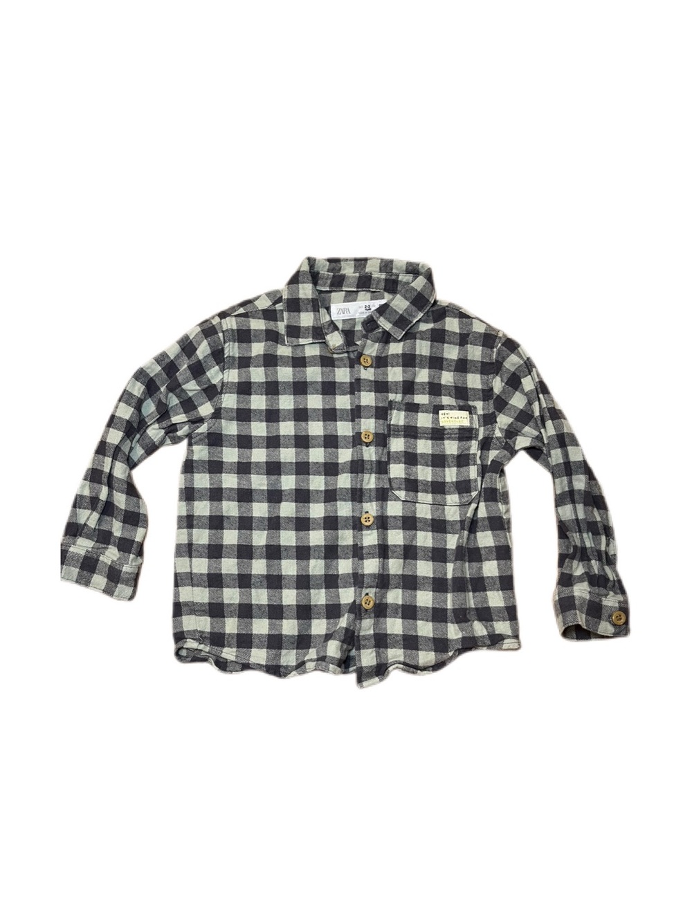 Zara 2-3 T Mint and Grey Checked Button Down Flannel Shirt